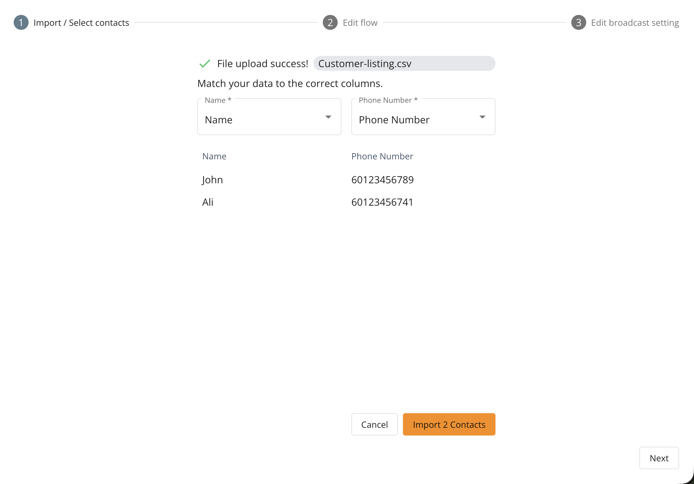Broadcast upload contact list