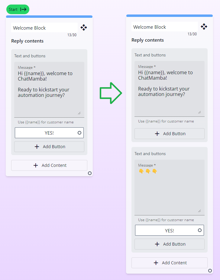 Before and after separating message from buttons